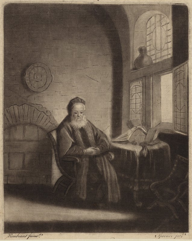 En äldre skäggig filosof som sitter vid ett skrivbord framför ett fönster av Rembrandt van Rijn