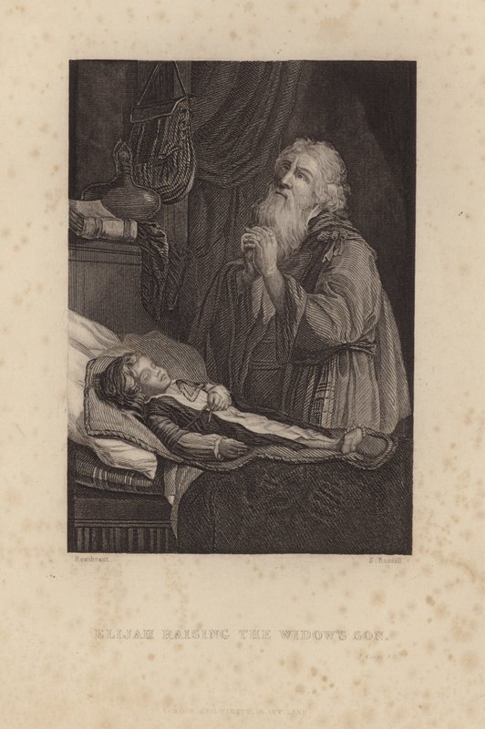 Elia uppfostrar änkans son av Rembrandt van Rijn