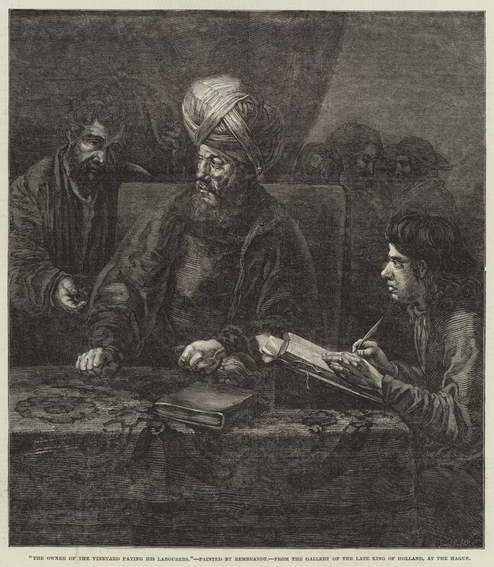 Vingårdens ägare betalar sina arbetare av Rembrandt van Rijn