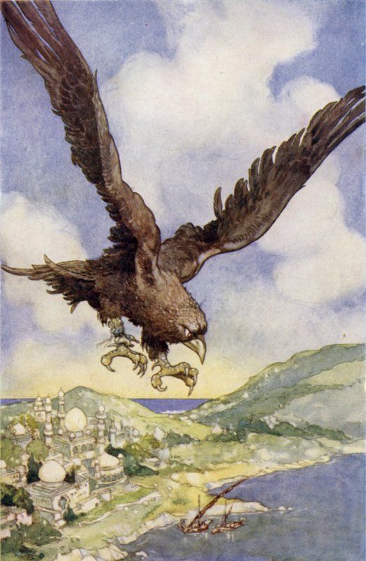 En jättefågel som kallas en Roc (färg litho) av René Bull