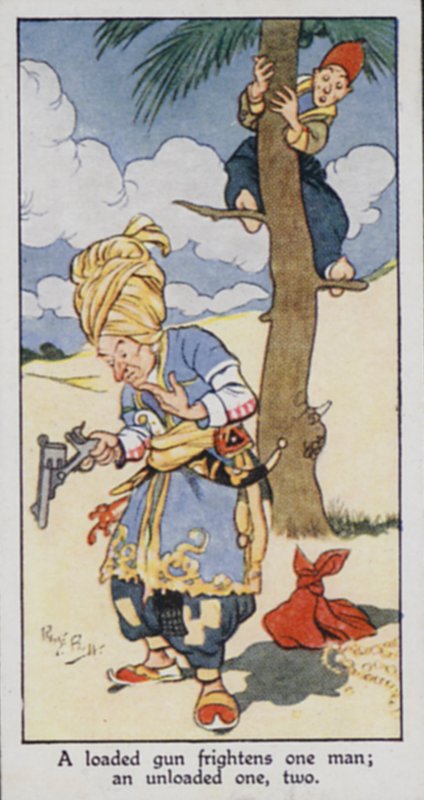 Östligt ordspråk: En laddad pistol skrämmer en man; en olastad en, två (färg litho) av René Bull