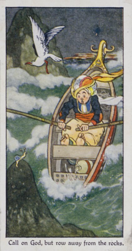 Östligt ordspråk: Åkalla Gud, men ro bort från klipporna (färg litho) av René Bull
