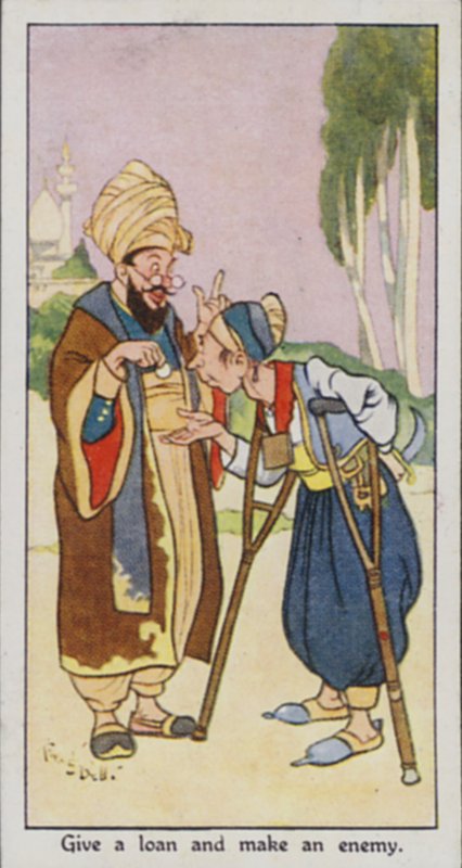 Östligt ordspråk: Ge ett lån och skapa en fiende (färg litho) av René Bull