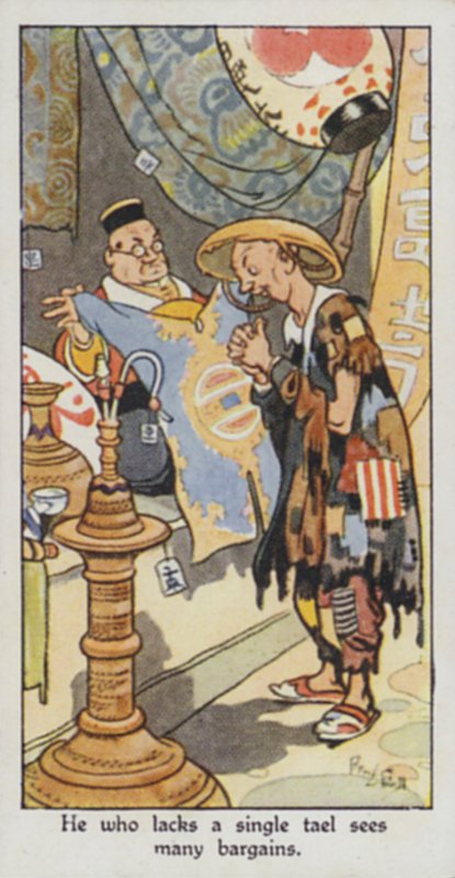 Östligt ordspråk: Den som saknar en enda tael ser många fynd (färg litho) av René Bull