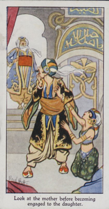Östligt ordspråk: Titta på mamman innan du förlovar dig med dottern (färg litho) av René Bull