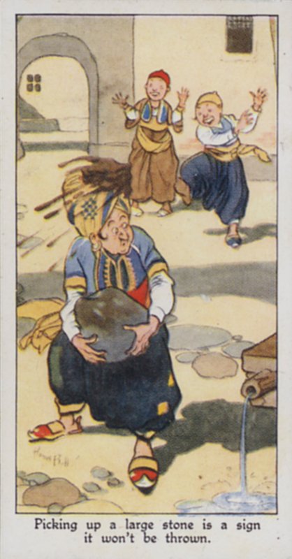 Östligt ordspråk: Att plocka upp en stor sten är ett tecken på att den inte kommer att kastas (färg litho) av René Bull