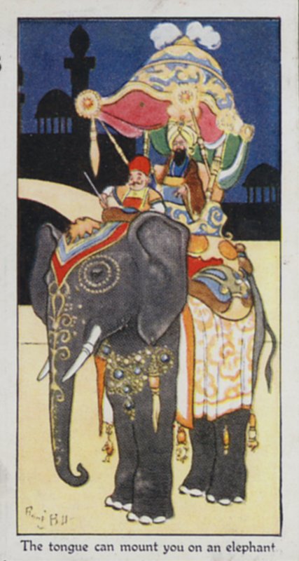 Östligt ordspråk: Tungan kan montera dig på en elefant (färg litho) av René Bull