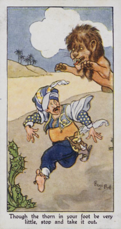 Östligt ordspråk: Även om taggen i din fot är väldigt liten, stanna upp och ta ut den (färg litho) av René Bull