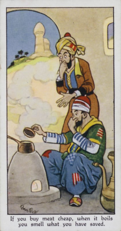 Om du köper kött billigt, när det kokar luktar du vad du har sparat (färg litho) av René Bull