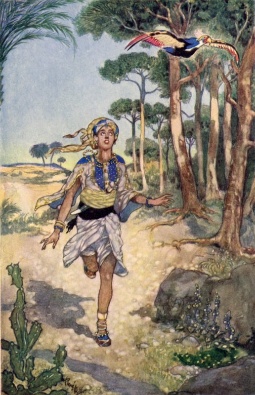 Nästa morgon följde han fågeln när den flög från träd till träd (färg litho) av René Bull