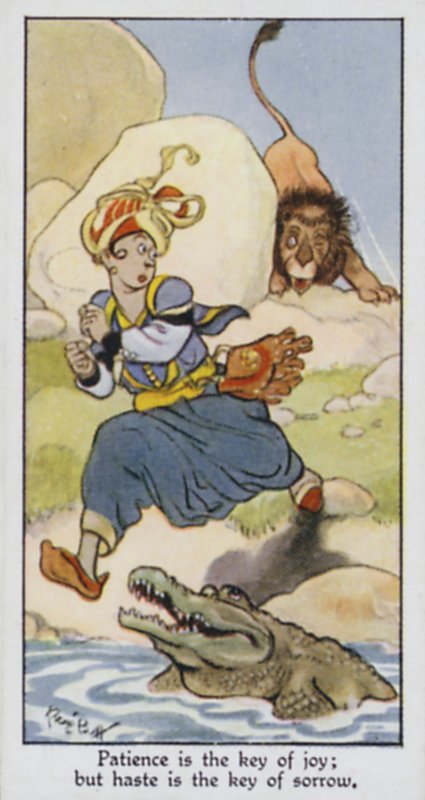 Tålamod är nyckeln till glädje; men brådska är nyckeln till sorg (färg litho) av René Bull