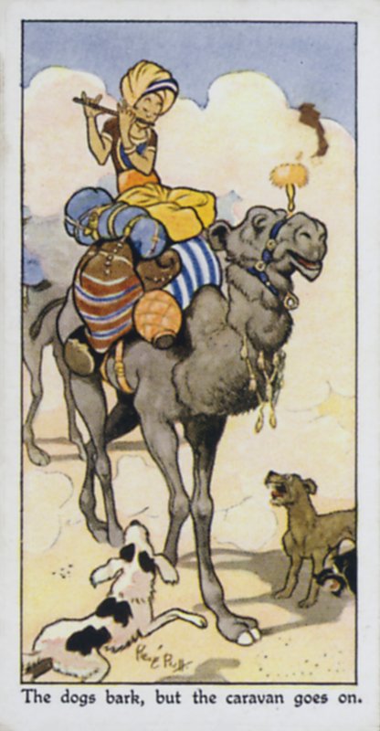 Hundarna skäller, men husvagnen fortsätter (färg litho) av René Bull