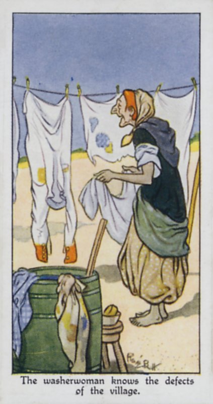 Tvättaren känner till byns defekter (färg litho) av René Bull