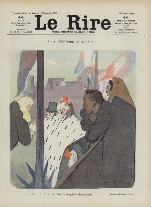 Vid den portugisiska gränsen. Illustration för Le Rire av Rene George Hermann Paul
