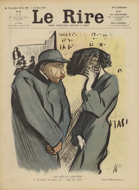 Glädjen med äktenskapsbrott. Illustration för Le Rire av Rene George Hermann Paul