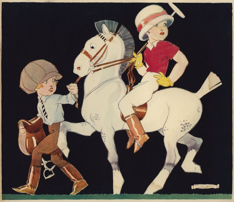 Pojke på poloponny, leds av stalltjej (färg litho) av Rene Vincent