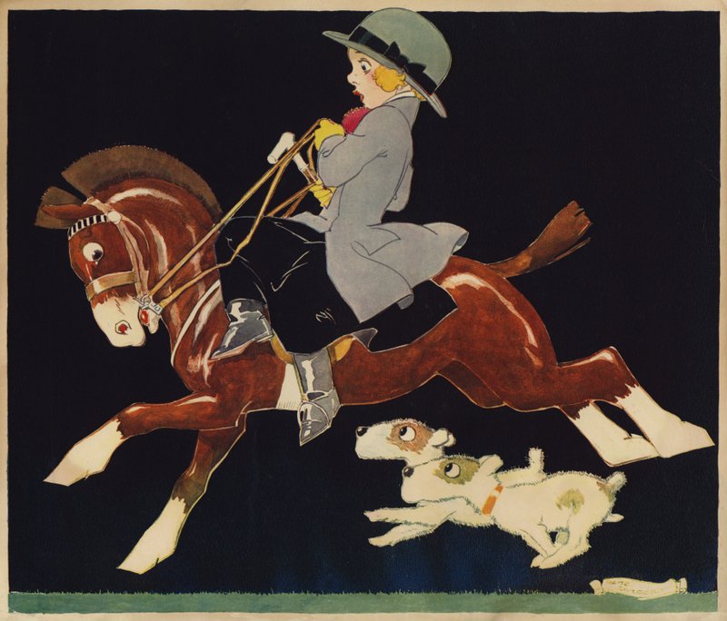 Flicka som rider en snabb ponny, med hundar efter av Rene Vincent