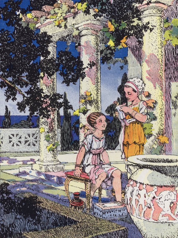 En liten romersk flicka i Jules Cesars tid (färg litho) av Rene Vincent