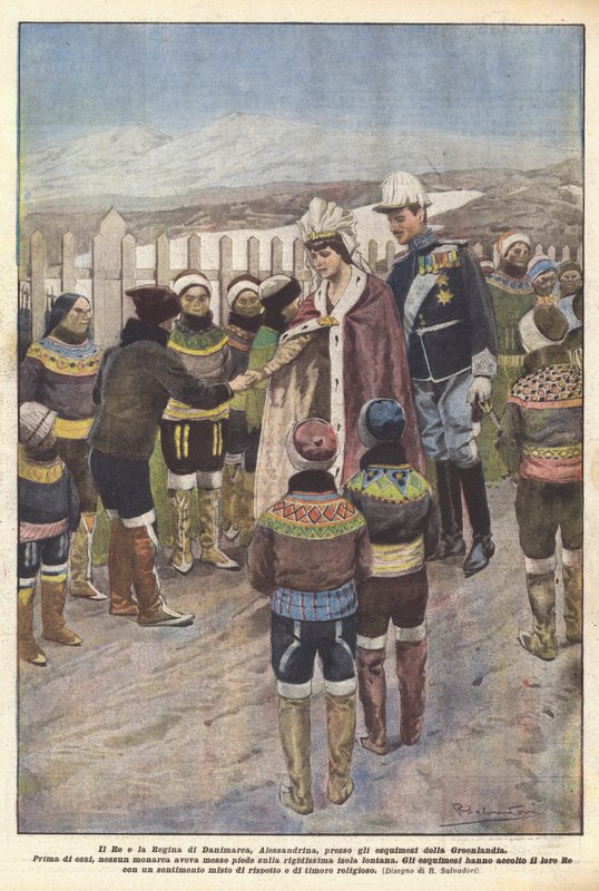 Kungen och drottningen av Danmark, Alexandrine, till de grönländska eskimåerna (färg litho) av Riccardo Salvadori
