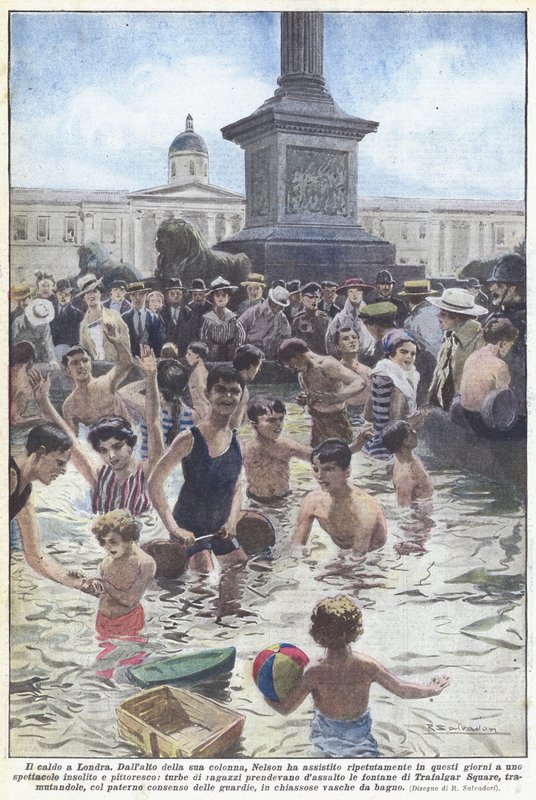 Värmen i London (färg litho) av Riccardo Salvadori