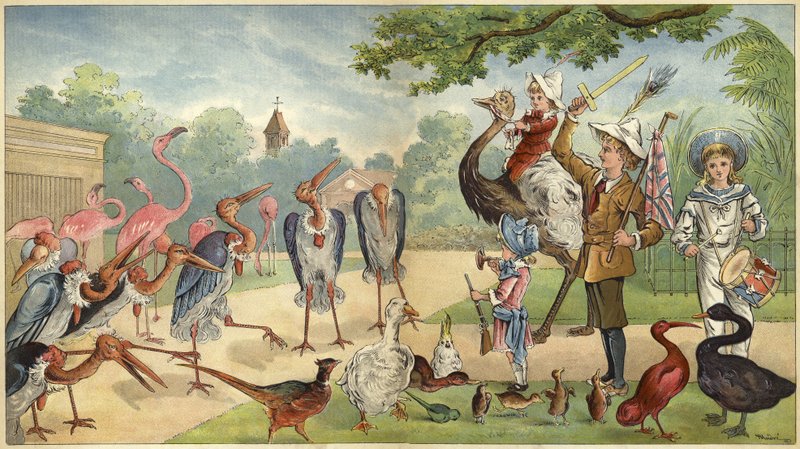 Barn som talar till fåglarna i djurparken (chromolitho) av Richard Andre