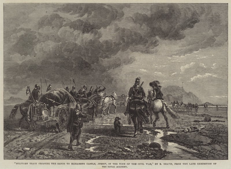 Militärtåg som korsar sanden till Elizabeth Castle, Jersey, under inbördeskrigets tid av Richard Beavis