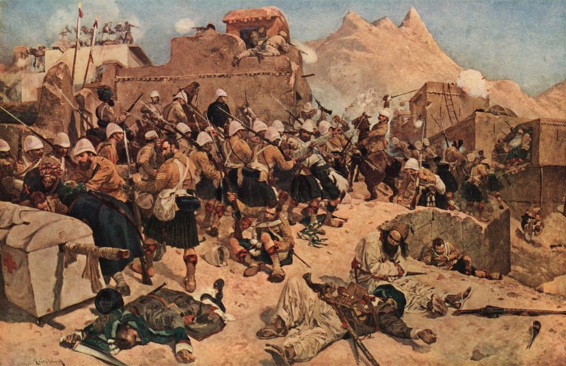 92nd Highlanders och 2nd Gurkhas stormar Gaudi Mullah Sahibdad i Kandahar, Afghanistan, 1880 av Richard Caton II Woodville