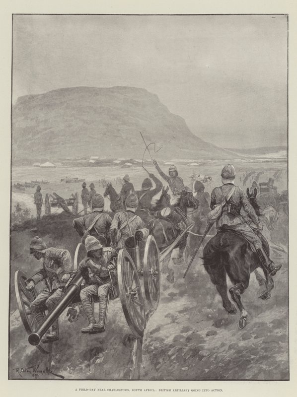 En Field-Day nära Charlestown, Sydafrika, brittiskt artilleri går i aktion av Richard Caton Woodville junior
