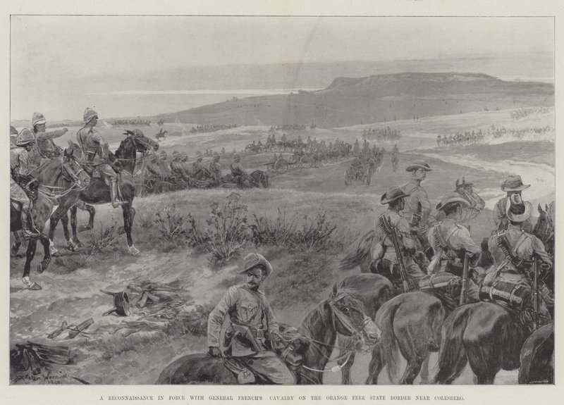 En rekognosering tillsammans med general Frenchs kavalleri vid gränsen till Orange Free State nära Colesberg. av Richard Caton Woodville junior