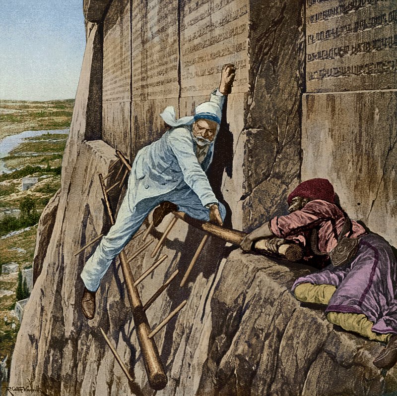 En trång flykt för Sir Henry Rawlinson vid Rock of Behistun, ca 1920 av Richard Caton II Woodville