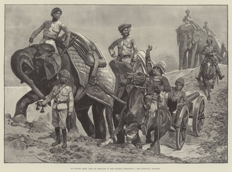 Ett övningsläger för den indiska armén i Madras Presidency, Elephant Battery av Richard Caton Woodville junior