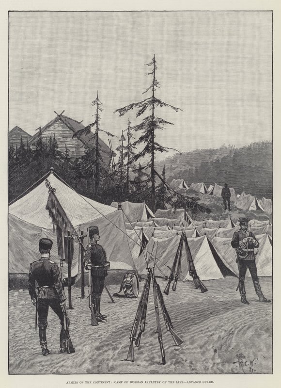 Kontinentens arméer, det ryska linjens infanteriläger, förhandsgardet av Richard Caton Woodville junior