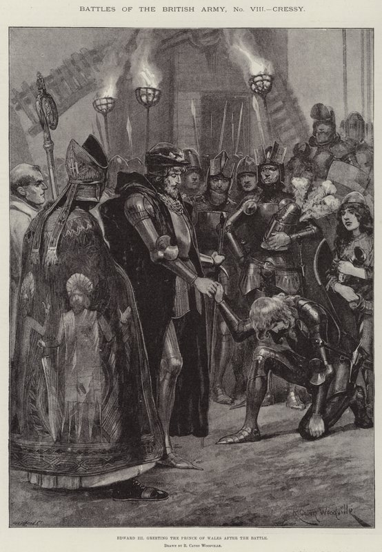 Slag i den brittiska armén, Cressy, Edward III hälsar på prinsen av Wales efter slaget av Richard Caton Woodville junior
