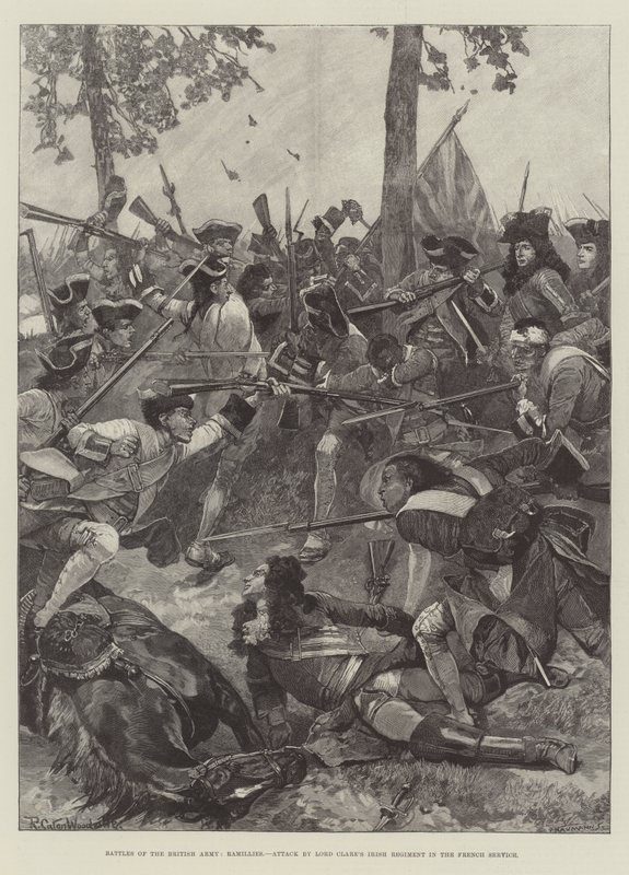 Slag från den brittiska armén, Ramillies, attack av Lord Clares irländska regemente i fransk tjänst av Richard Caton Woodville junior