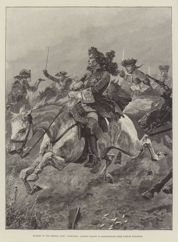 Slag från den brittiska armén, Ramillies, Narrow Escape of Marlborough från franska dragoner av Richard Caton Woodville junior