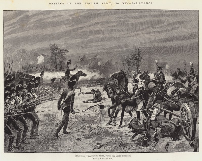 Slaget om den brittiska armén, Salamanca, frammarsch av Wellingtons tredje, femte och sjätte divisioner av Richard Caton Woodville junior