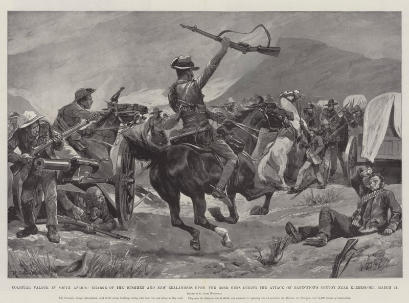 Colonial Valour in South Africa, bushmännens och nyzeeländarnas anfall på boerkanonerna under attacken mot Babingtons konvoj nära Klerksdorp, 24 mars av Richard Caton Woodville junior