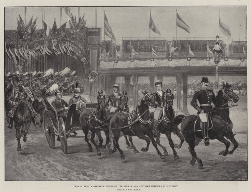 Tyska arméns manövrar, de tyska och österrikiska kejsarnas inträde i Stettin av Richard Caton Woodville junior