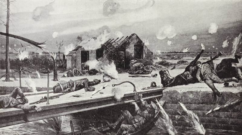 Underkorporal Charles Jarvis spränger bron vid Jemappes, Belgien, 23 augusti 1914 av Richard Caton Woodville junior