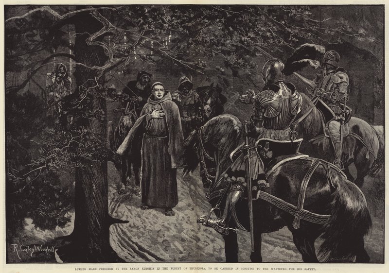 Luther gjordes till fånge av de sachsiska riddarna i Thüringens skog, för att bäras i förklädnad till Wartburg för sin säkerhet av Richard Caton Woodville junior