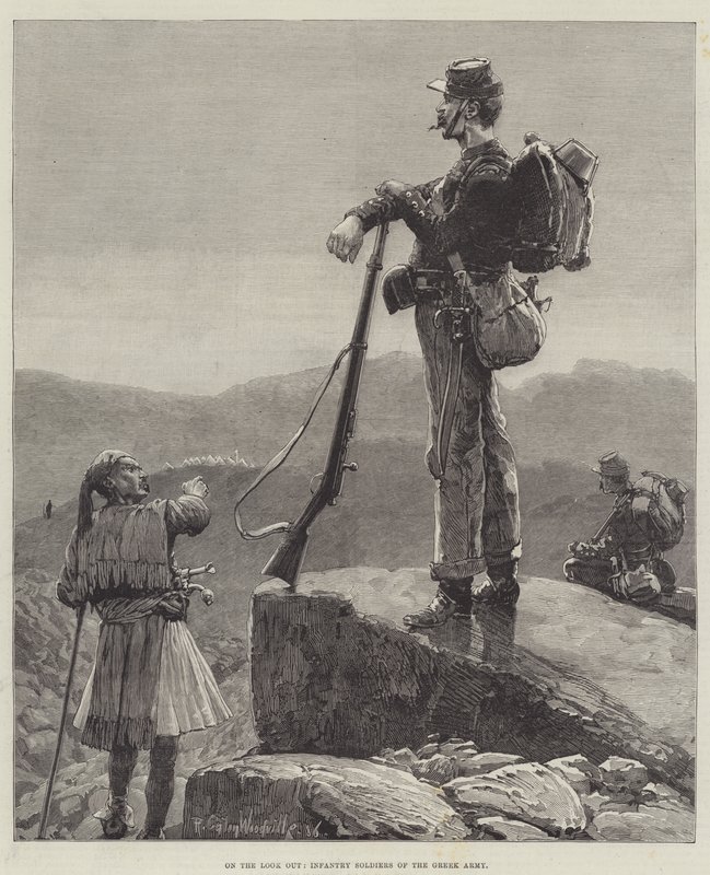 På utkik, infanterisoldater från den grekiska armén av Richard Caton Woodville junior