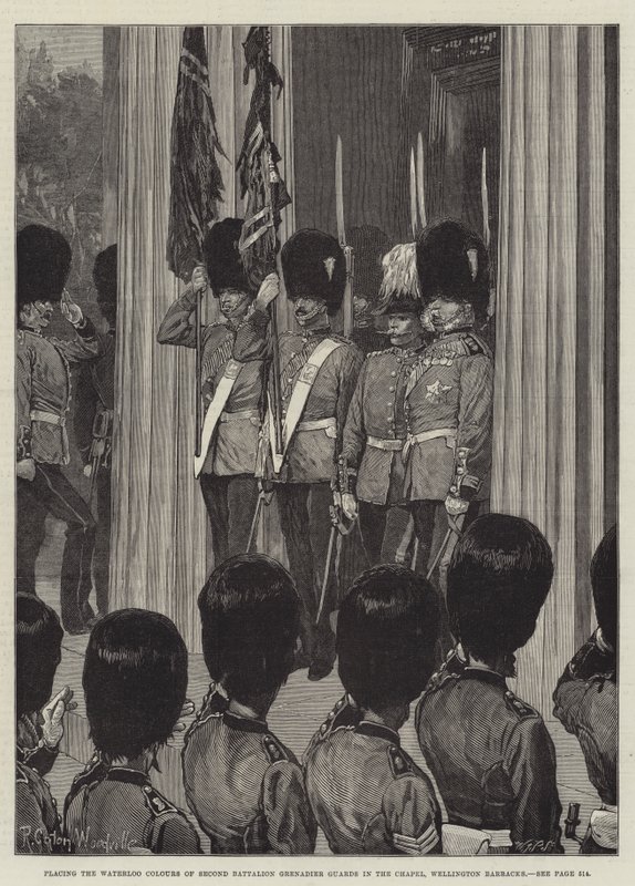 Placering av andra bataljonen Grenadier Guards Waterloo-flaggor i kapellet, Wellington Barracks av Richard Caton Woodville junior