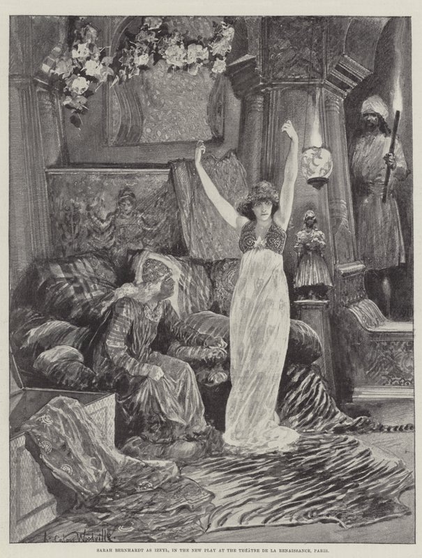 Sarah Bernhardt som Izeyl, i den nya pjäsen på Theatre de la Renaissance, Paris av Richard Caton Woodville junior