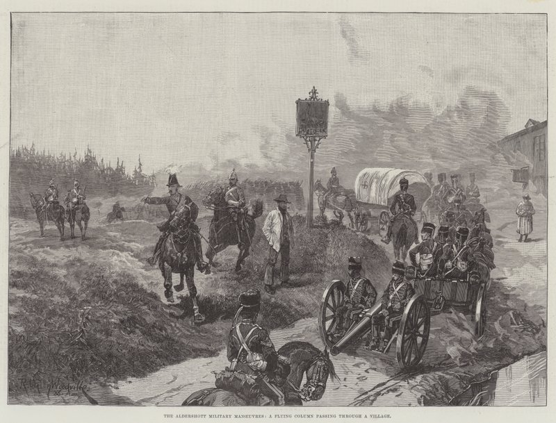 Aldershotts militärmanövrer, en flygande kolonn som passerar genom en by av Richard Caton Woodville junior