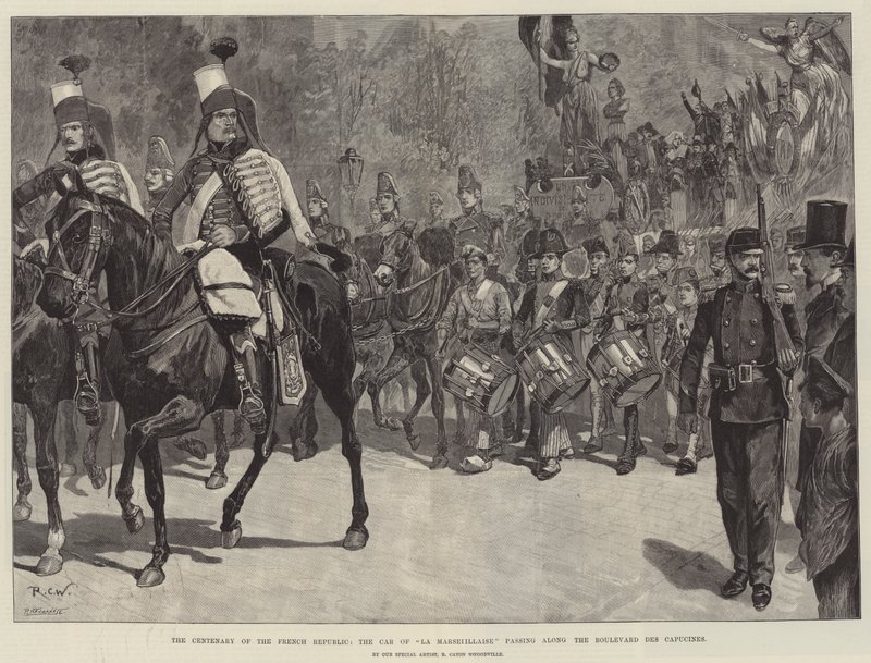 Den franska republikens hundraårsjubileum, bilen från La Marseillaise som passerar längs Boulevard des Capucines av Richard Caton Woodville junior