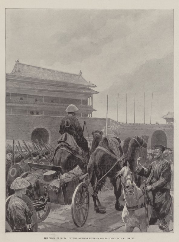 Krisen i Kina, kinesiska soldater går in i huvudporten i Peking av Richard Caton Woodville junior