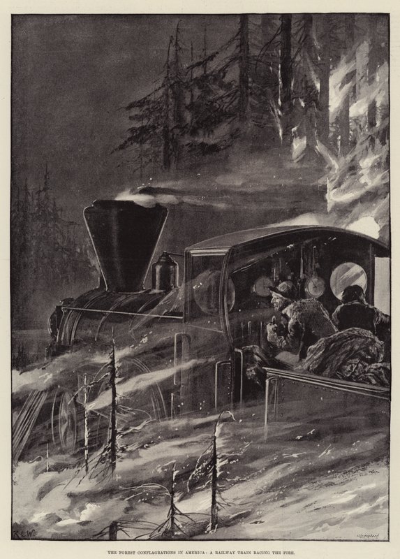 The Forest Conflagrations in America, ett järnvägståg som kör elden av Richard Caton Woodville junior