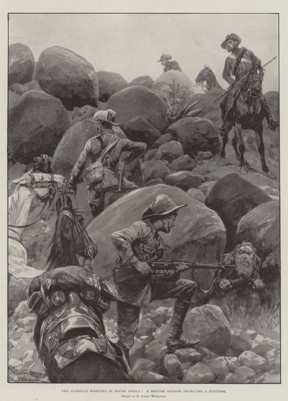 Guerillakriget i Sydafrika, en brittisk soldat som upptäcker en flykting av Richard Caton Woodville junior