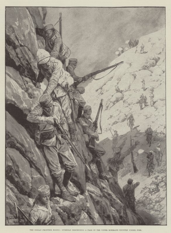 Den indiska gränsen stiger, Gurkhas går ner för ett pass i Upper Mohmand Country under eld av Richard Caton Woodville junior