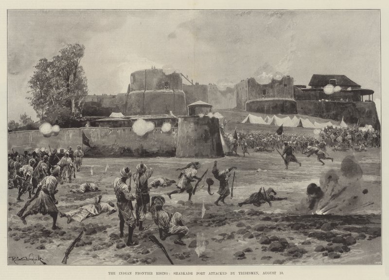 Indian Frontier Rising, Shabkadr Fort attackerad av stammän, 10 augusti av Richard Caton Woodville junior